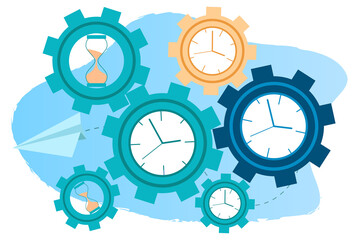 Time-management.The concept of saving working time.The clock and gears symbolize the control of the workflow.Flat vector illustration.