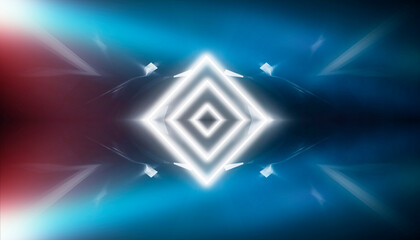 Obraz premium Background wall with neon lines and rays. Background dark corridor with neon light. Abstract background with lines and glow. Light element in the center, a triangle, a pyramid with neon.