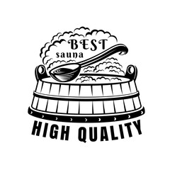 Label for sauna, banya or bathhouse. Ladle and wooden tub with steam