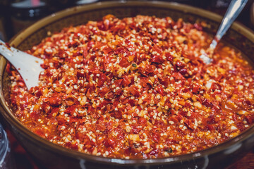 Big bowl of freshly chopped chillies and garlic