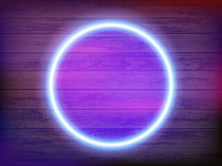 Round neon frame on a wooden wall. Empty template