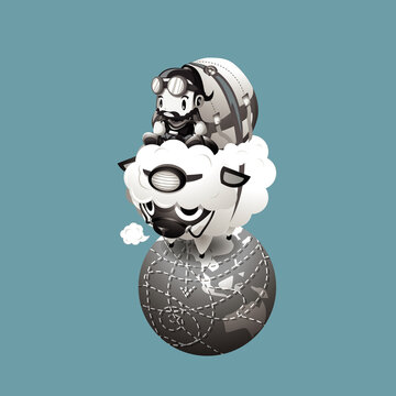 The traveler and a sheep, travel go to around the world. Cartoon illustration.
