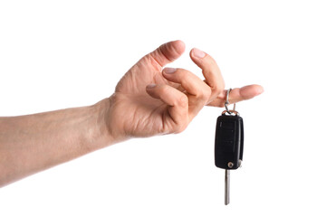 Male hand with car key on white background