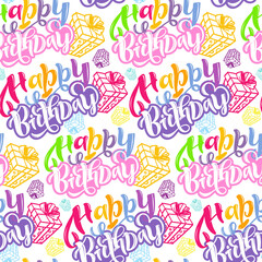 Happy Birthday - cute hand drawn lettering pattern background. Birthday party template. Design for invitation, poster, art, t-shirt design.