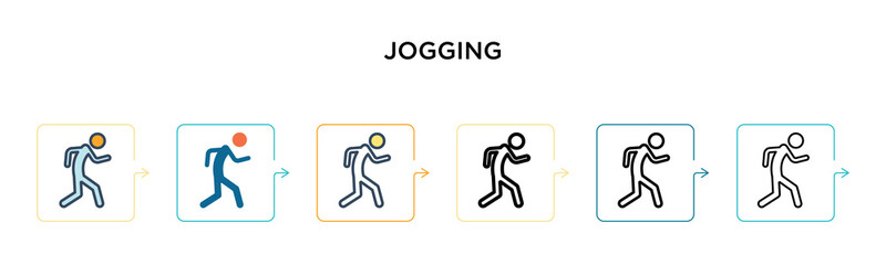 Jogging vector icon in 6 different modern styles. Black, two colored jogging icons designed in filled, outline, line and stroke style. Vector illustration can be used for web, mobile, ui