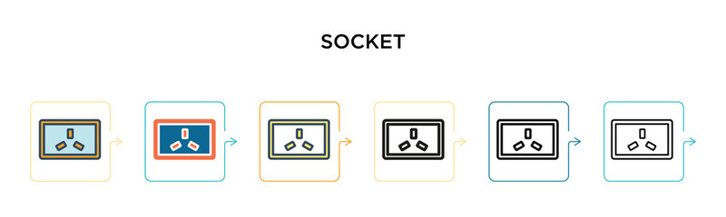 Socket vector icon in 6 different modern styles. Black, two colored socket icons designed in filled, outline, line and stroke style. Vector illustration can be used for web, mobile, ui