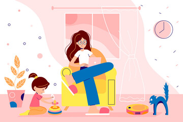 Family is staying at home on quarantine and spending time together. Woman is working from home remotely. Vector flat style illustration