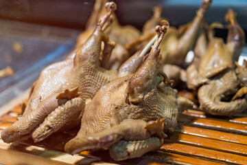 Whole cooked chickens for sale on the chinese market