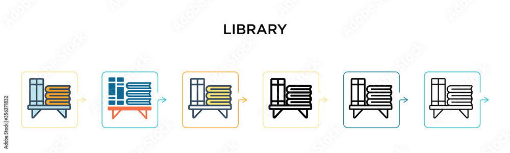 Poster library vector icon in 6 different modern styles. black, two colored library icons designed in fille