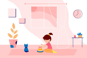 Family is staying at home on quarantine and spending time together. Little girl is playing with toys. Vector flat style interior illustration
