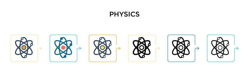 Physics vector icon in 6 different modern styles. Black, two colored physics icons designed in filled, outline, line and stroke style. Vector illustration can be used for web, mobile, ui