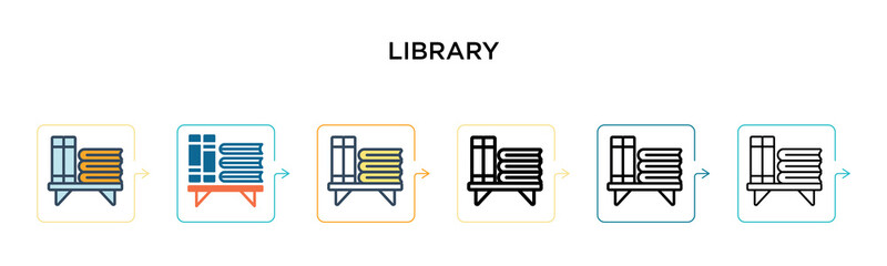 Library vector icon in 6 different modern styles. Black, two colored library icons designed in filled, outline, line and stroke style. Vector illustration can be used for web, mobile, ui