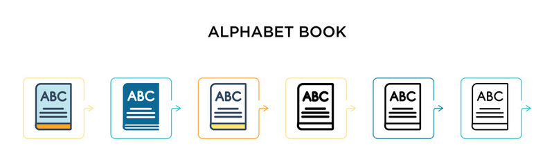 Alphabet book vector icon in 6 different modern styles. Black, two colored alphabet book icons designed in filled, outline, line and stroke style. Vector illustration can be used for web, mobile, ui