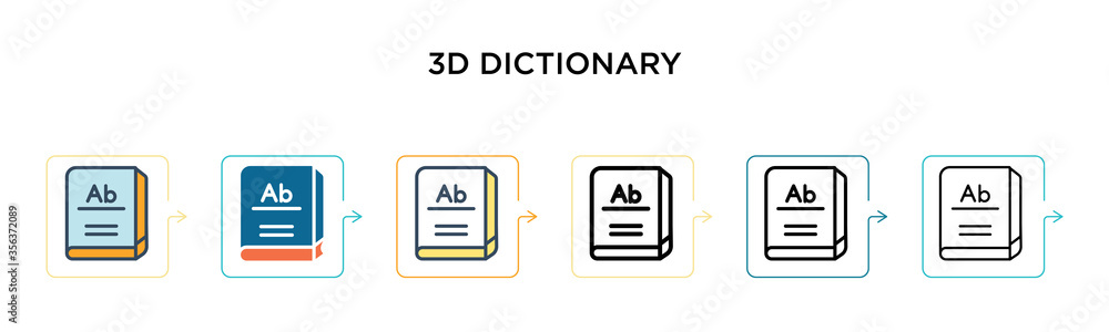 Poster 3d dictionary vector icon in 6 different modern styles. black, two colored 3d dictionary icons desig