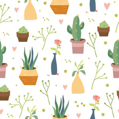vector seamless pattern interior. home flowers. indoor plants, potted plants. cute cartoon style