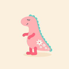 Cute pink dinosaur with flowers on its tail. Kawaii Vector illustration for girls.