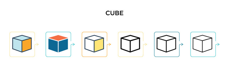 Cube vector icon in 6 different modern styles. Black, two colored cube icons designed in filled, outline, line and stroke style. Vector illustration can be used for web, mobile, ui