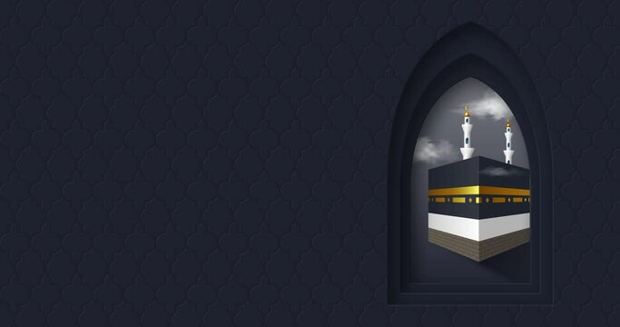 Holy Kaaba in the arabic window with moving clouds. Realistic style, night dark blue background. Design for islamic celebration Hajj or Eid al-Adha with copy space. 4K video animation.
