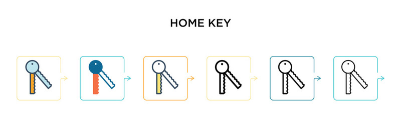 Home key vector icon in 6 different modern styles. Black, two colored home key icons designed in filled, outline, line and stroke style. Vector illustration can be used for web, mobile, ui