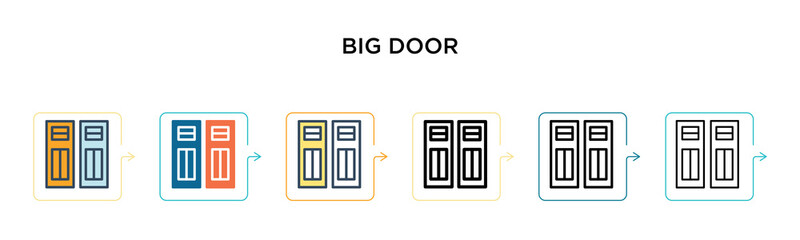 Big door vector icon in 6 different modern styles. Black, two colored big door icons designed in filled, outline, line and stroke style. Vector illustration can be used for web, mobile, ui