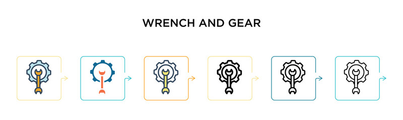 Wrench and gear vector icon in 6 different modern styles. Black, two colored wrench and gear icons designed in filled, outline, line and stroke style. Vector illustration can be used for web, mobile,