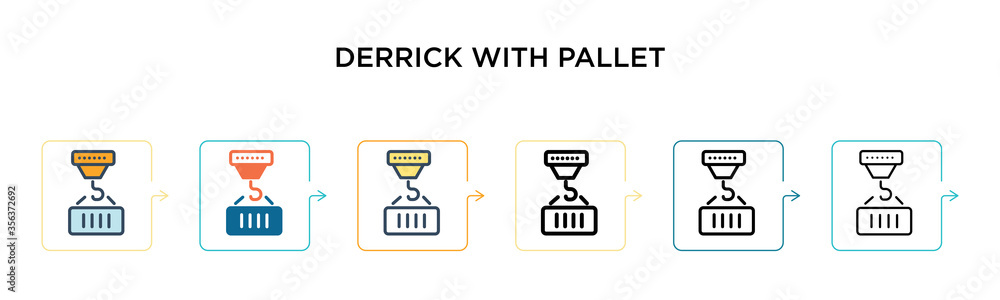 Poster derrick with pallet vector icon in 6 different modern styles. black, two colored derrick with pallet