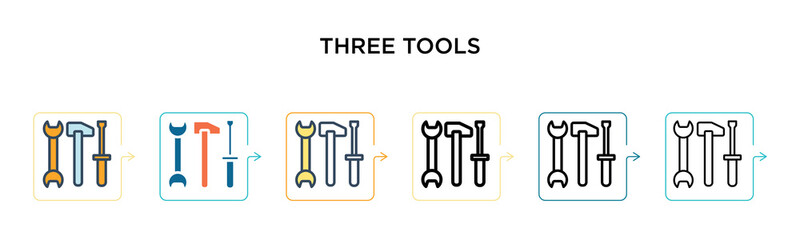 Three tools vector icon in 6 different modern styles. Black, two colored three tools icons designed in filled, outline, line and stroke style. Vector illustration can be used for web, mobile, ui