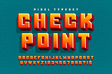 Naklejka na ściany i meble Pixel vector alphabet design, stylized like in 8-bit games.