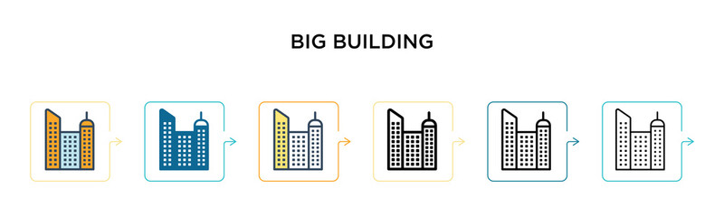 Big building vector icon in 6 different modern styles. Black, two colored big building icons designed in filled, outline, line and stroke style. Vector illustration can be used for web, mobile, ui