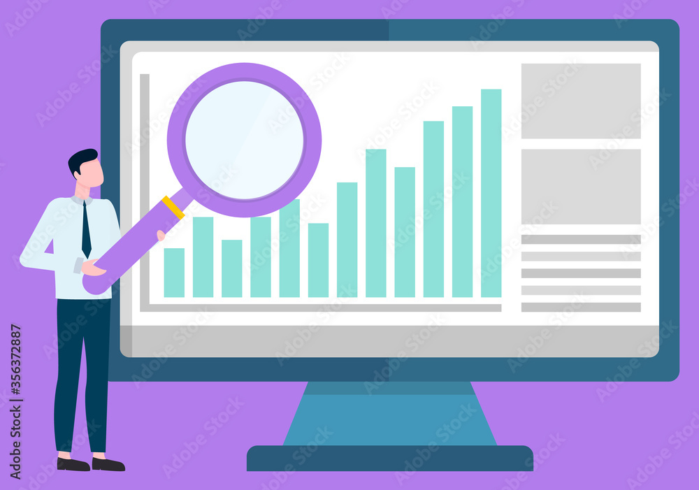 Poster businessman analysing information given on monitor of computer vector. stats and info in visual repr