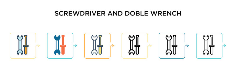 Screwdriver and doble wrench vector icon in 6 different modern styles. Black, two colored screwdriver and doble wrench icons designed in filled, outline, line and stroke style. Vector illustration can