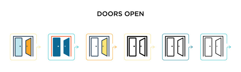 Doors open vector icon in 6 different modern styles. Black, two colored doors open icons designed in filled, outline, line and stroke style. Vector illustration can be used for web, mobile, ui