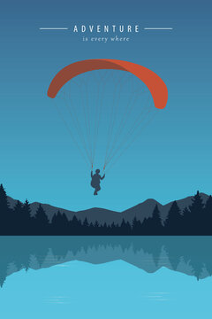paragliding adventure by turquoise lake vector illustration EPS10