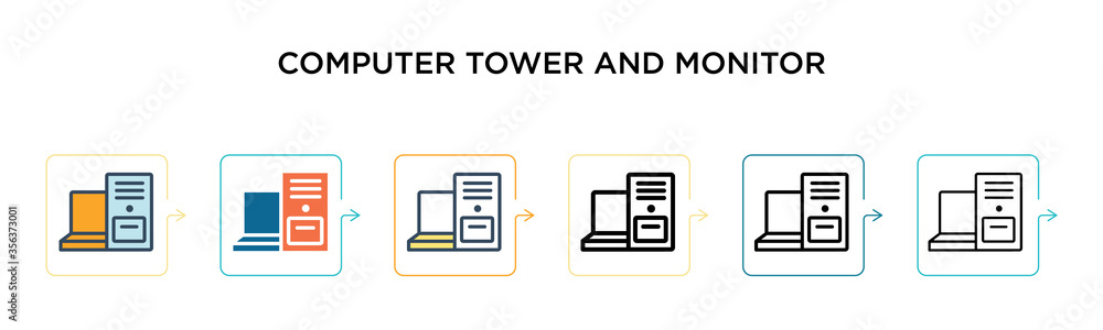 Poster computer tower and monitor vector icon in 6 different modern styles. black, two colored computer tow