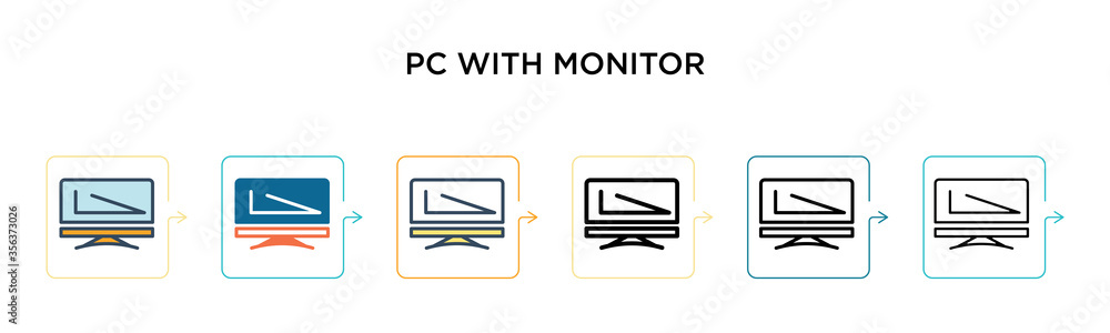 Poster pc with monitor vector icon in 6 different modern styles. black, two colored pc with monitor icons d