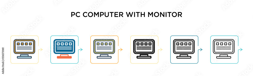 Poster pc computer with monitor vector icon in 6 different modern styles. black, two colored pc computer wi