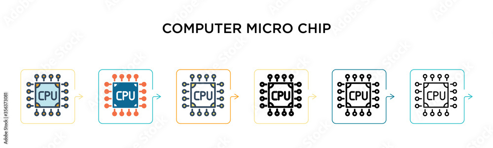 Poster computer micro chip vector icon in 6 different modern styles. black, two colored computer micro chip