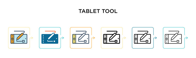 Tablet tool vector icon in 6 different modern styles. Black, two colored tablet tool icons designed in filled, outline, line and stroke style. Vector illustration can be used for web, mobile, ui