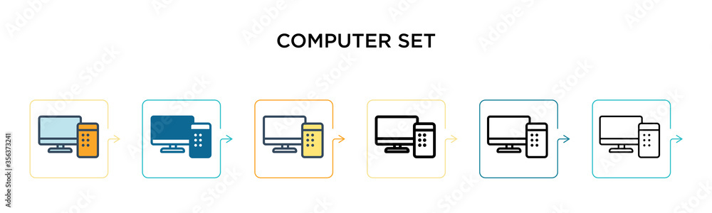 Poster computer set vector icon in 6 different modern styles. black, two colored computer set icons designe