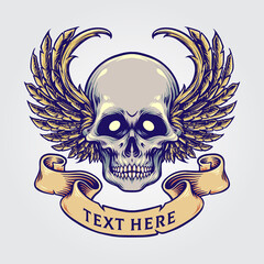 Logo Human winged Skull Design with ribbon for tattoo design and merchandise clothing line sticker 