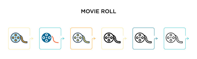 Movie roll vector icon in 6 different modern styles. Black, two colored movie roll icons designed in filled, outline, line and stroke style. Vector illustration can be used for web, mobile, ui