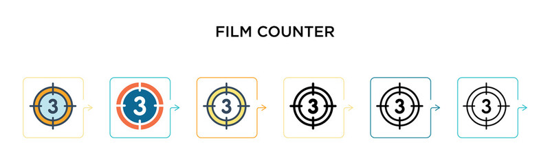 Film counter vector icon in 6 different modern styles. Black, two colored film counter icons designed in filled, outline, line and stroke style. Vector illustration can be used for web, mobile, ui