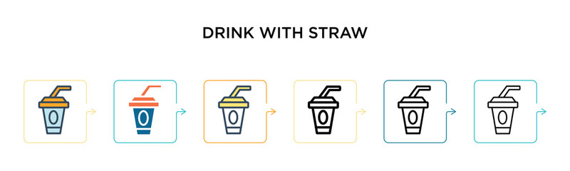 Drink with straw vector icon in 6 different modern styles. Black, two colored drink with straw icons designed in filled, outline, line and stroke style. Vector illustration can be used for web,