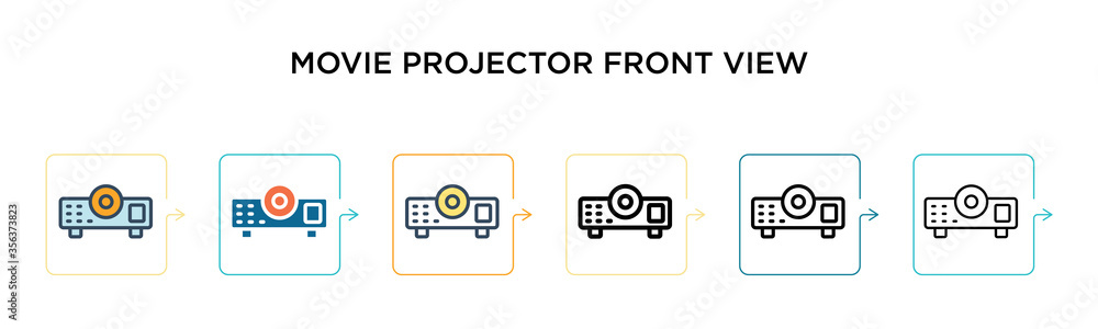 Poster movie projector front view vector icon in 6 different modern styles. black, two colored movie projec