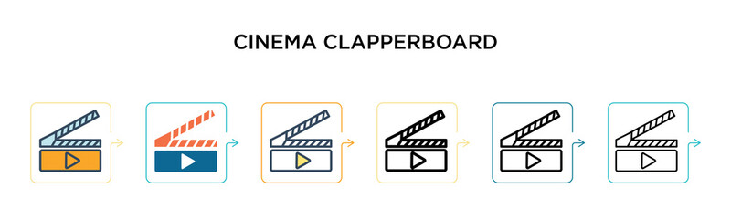 Cinema clapperboard vector icon in 6 different modern styles. Black, two colored cinema clapperboard icons designed in filled, outline, line and stroke style. Vector illustration can be used for web,