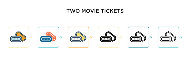 Two movie tickets vector icon in 6 different modern styles. Black, two colored two movie tickets icons designed in filled, outline, line and stroke style. Vector illustration can be used for web,