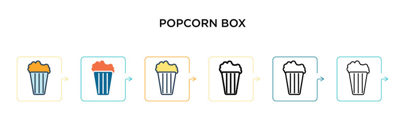 Popcorn box vector icon in 6 different modern styles. Black, two colored popcorn box icons designed in filled, outline, line and stroke style. Vector illustration can be used for web, mobile, ui