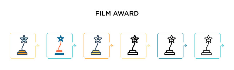 Film award vector icon in 6 different modern styles. Black, two colored film award icons designed in filled, outline, line and stroke style. Vector illustration can be used for web, mobile, ui