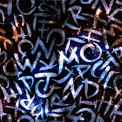 Letters seamless pattern. Blue galaxy background. 