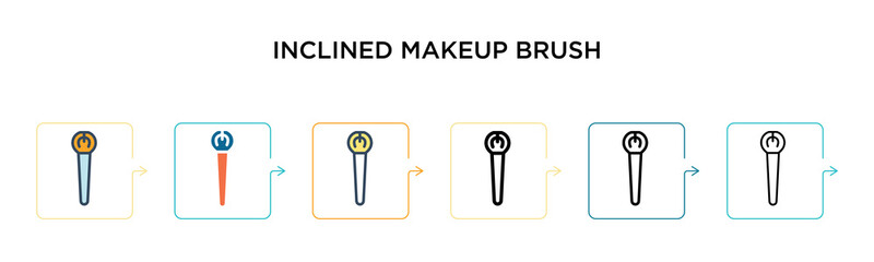 Inclined makeup brush vector icon in 6 different modern styles. Black, two colored inclined makeup brush icons designed in filled, outline, line and stroke style. Vector illustration can be used for